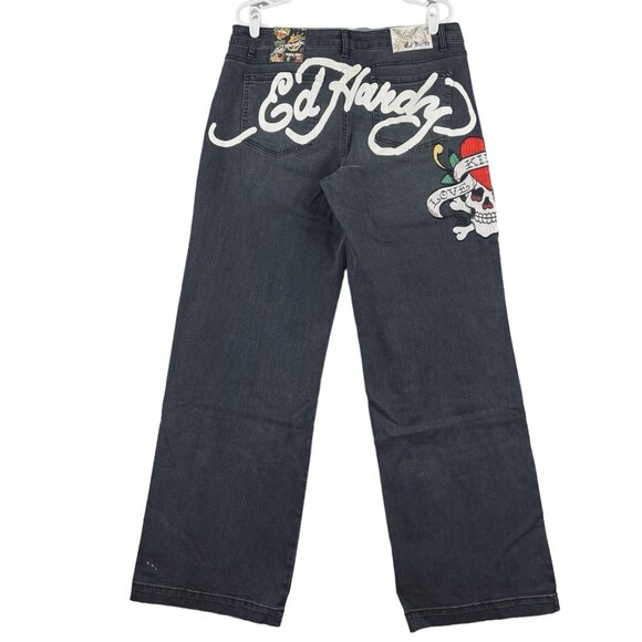 NWT ED HARDY Women's Love Kills Slowly Black Denim Jeans 32 Wide Leg Embroidered - Picture 1 of 16